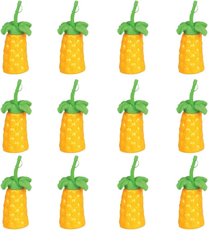 Palm Tree Plastic Cups Set - Pack of 12 - 20 oz. Big - Includes Screw-on Sipper - Spectacular Summer Beach Toys and Party Favors - Amazing Gift for Everyone