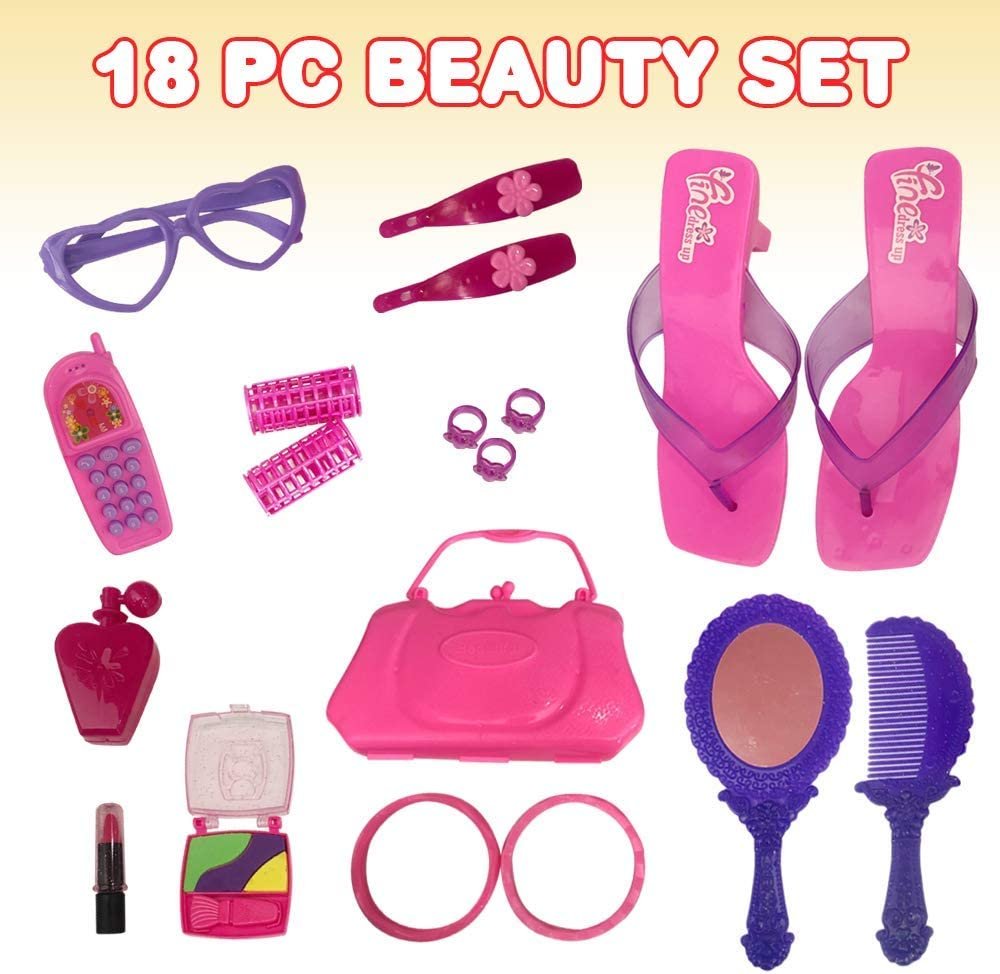 18pc Beauty Playset for Kids, Princess Pretend Play Set for Girls, Includes Princess Shoes, Toy Cell Phone, Rings, Hair Accessories and More, Role Play Princess Gifts for Girls