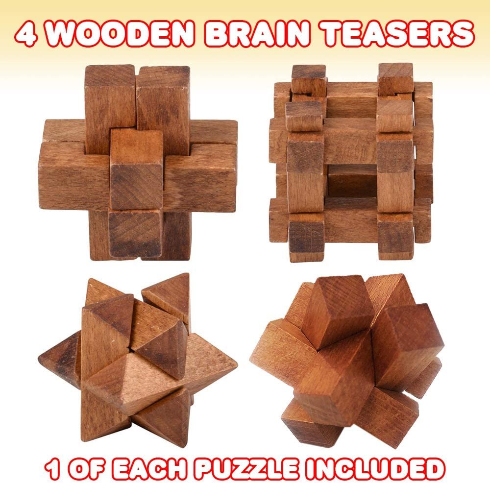 Wooden Brain Teasers, Set of 4, Wood Cube 3D Puzzles for Kids and Adults, Educational Goodie Bag Fillers and Party Favors, Development Learning Toys for Boys and Girls