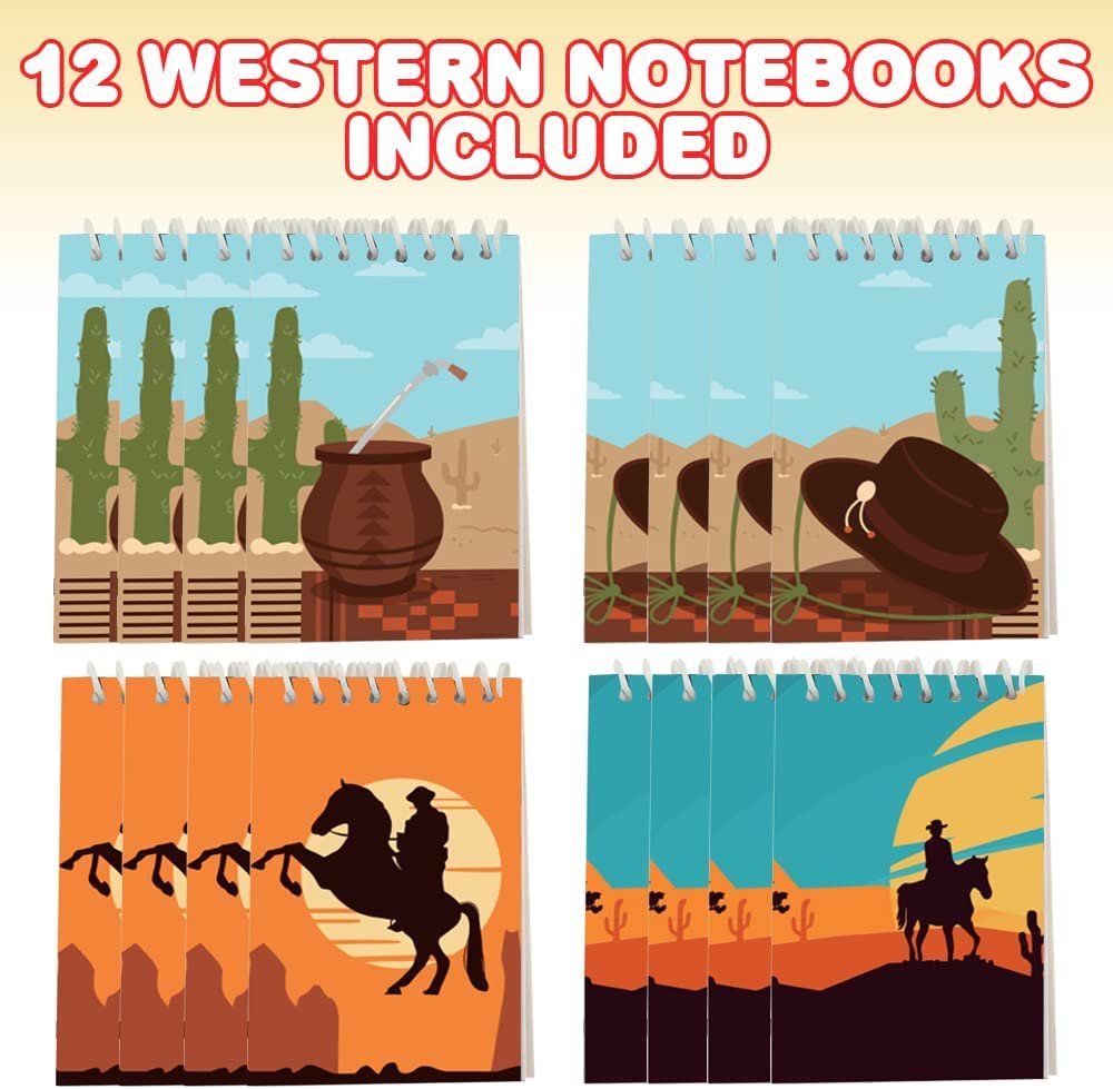 Mini Western Notebooks, Pack of 12, Small Spiral Notepads with Cowboy-Themed Covers, Cute Stationery Supplies for School & Office, Fun Birthday Party Favors, Goodie Bag Fillers for Kids