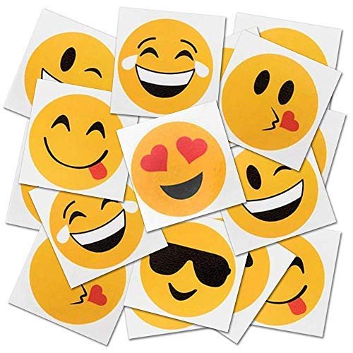 Emoji Temporary Tattoos for Kids - Bulk Pack of 144 - 6 Assorted Designs - Non-Toxic 2" Smile Face Tats, Birthday Party Favors, Goodie Bag Fillers, Non-Candy Halloween Treats