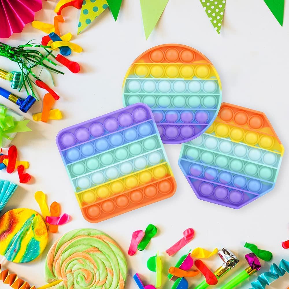 Rainbow Bubble Popper Shapes, Set of 3, Pop It Sensory Fidget Toys, Stress Relief Toys for Boys & Girls, Silicone Push Pop Toys for Kids, Cool Birthday Party Favors & Goodie Bag Fillers
