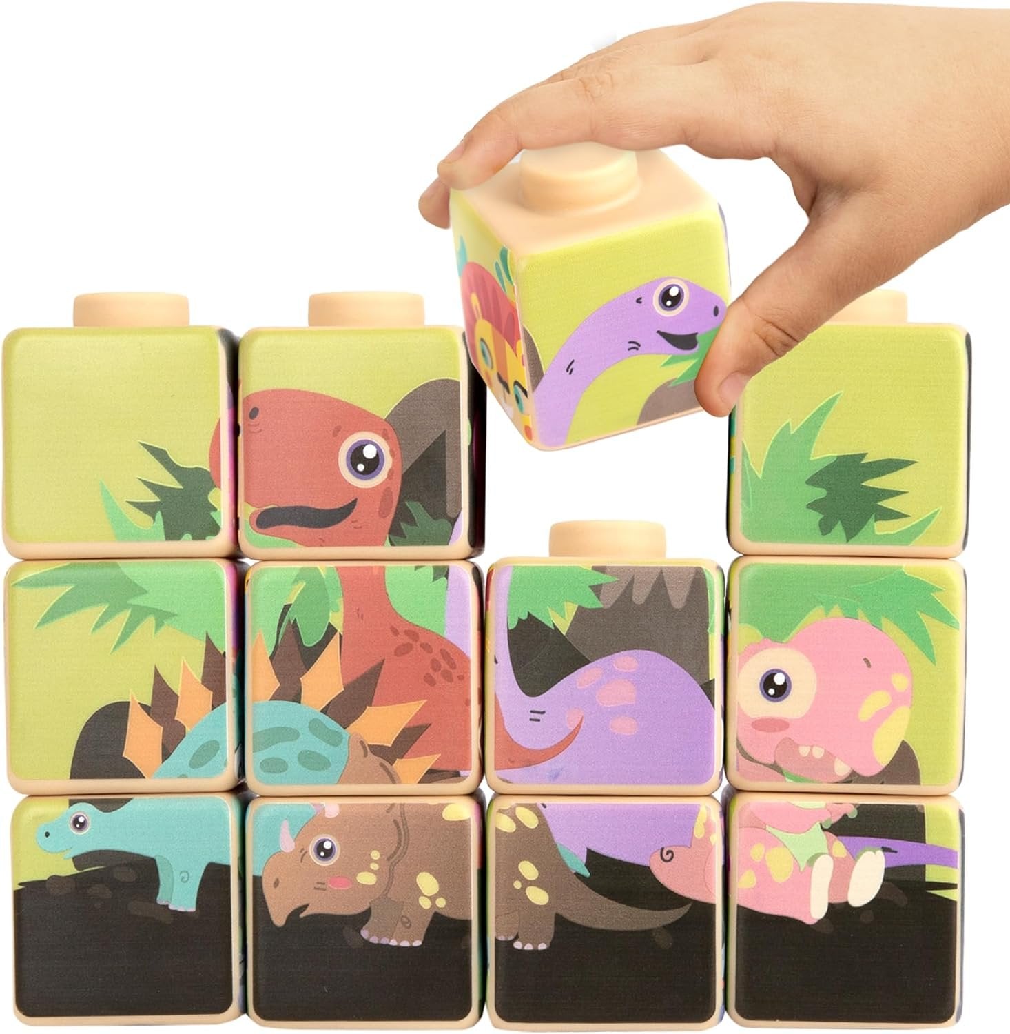 Silicone Picture Puzzle Blocks for Kids, 12 Stacking Blocks with Four Different Pictures Printed on The Sides, 2" Soft Toy Building Blocks for Toddlers