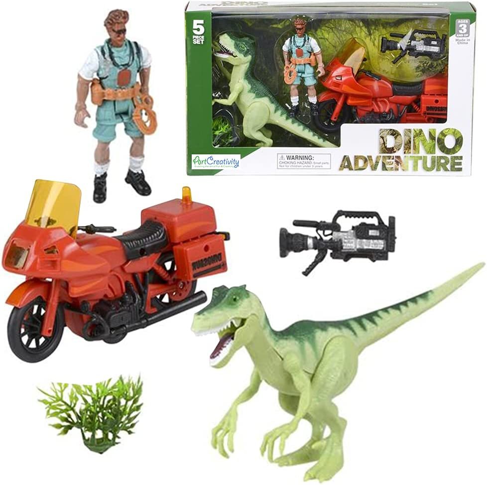 ArtCreativity Dinosaur Play Set for Kids, Includes Action Figure, Dino Figurine, Camera, Tree, and Motorcycle, Cool Dinosaur Toys for Boys and Girls, Great Birthday Gift for Children