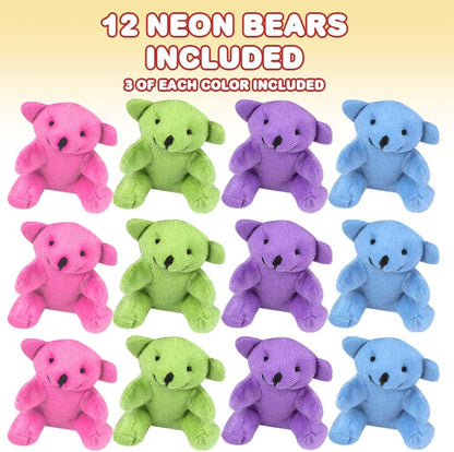 ArtCreativity Neon Color Plush Bear, Set of 12, Mini Stuffed Animals for Kids, Assorted Neon Colors, Cute and Cuddly Colored Bears for Nursery Décor, Birthday Party Favors, and Fun Play