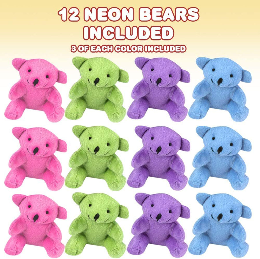 Neon Color Plush Bear, Set of 12, Mini Stuffed Animals for Kids, Assorted Neon Colors, Cute and Cuddly Colored Bears for Nursery Décor, Birthday Party Favors, and Fun Play