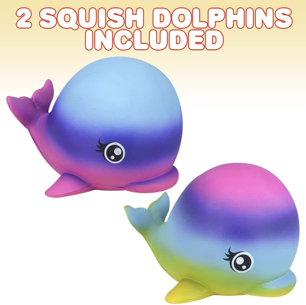 Squish Dolphins, Set of 2, Slow Rising Stress Relief Toys for Kids, Squeezable Dolphin Birthday Party Favors and Goodie Bag Fillers, Rainbow Colors