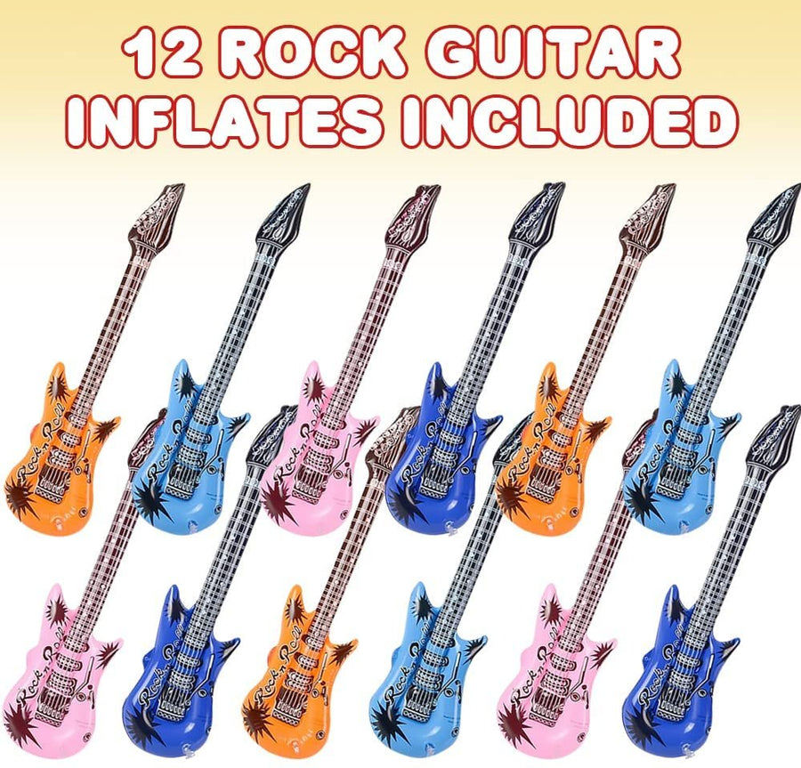 Rock Guitar Inflates, Set of 12, Inflatable Guitar Toys for Kids, Decorations for Music Themed Parties, 23" Long Guitar Balloons, Fun Pretend Play Accessories, Assorted Colors