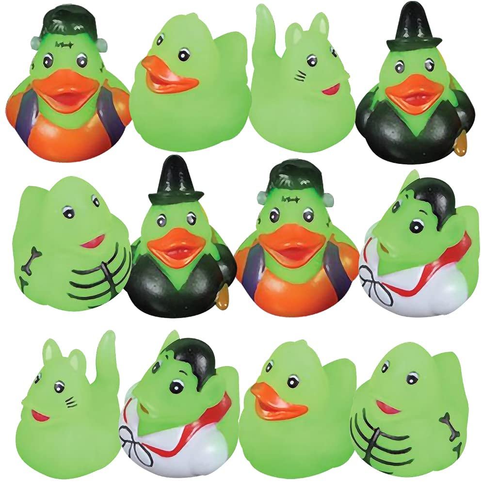 Halloween Glow-in-the-Dark Mini Rubber Duckies, Set of 24, Variety of Halloween Characters, Trick or Treat Supplies, Goodie Bag Fillers, Party Favors, Halloween Themed Bathtub Toys