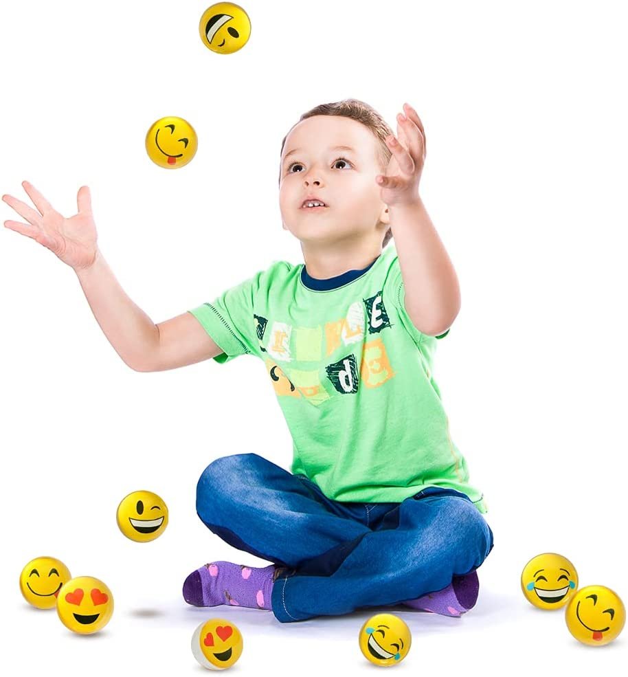 Emoticon Bouncy Balls for Kids, Set of 12, Bouncing Balls in Assorted Emoticon Designs, Extra-High Bounce, Emoticon Birthday Party Favors, Piñata and Goodie Bag Fillers