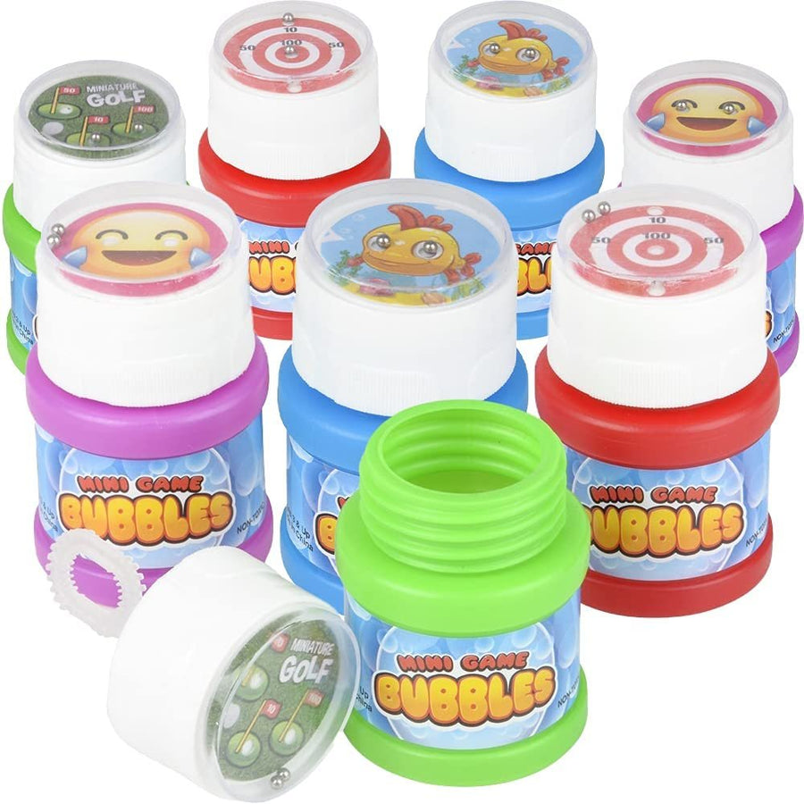 Mini Game Bubble Bottles , Set of 8, Kids Bubble Toys with Mini Game on Cap and Wand Inside, Bubble Maker Bottles for Indoor and Outdoor Play, Goodie Bag Fillers and Stocking Stuffers