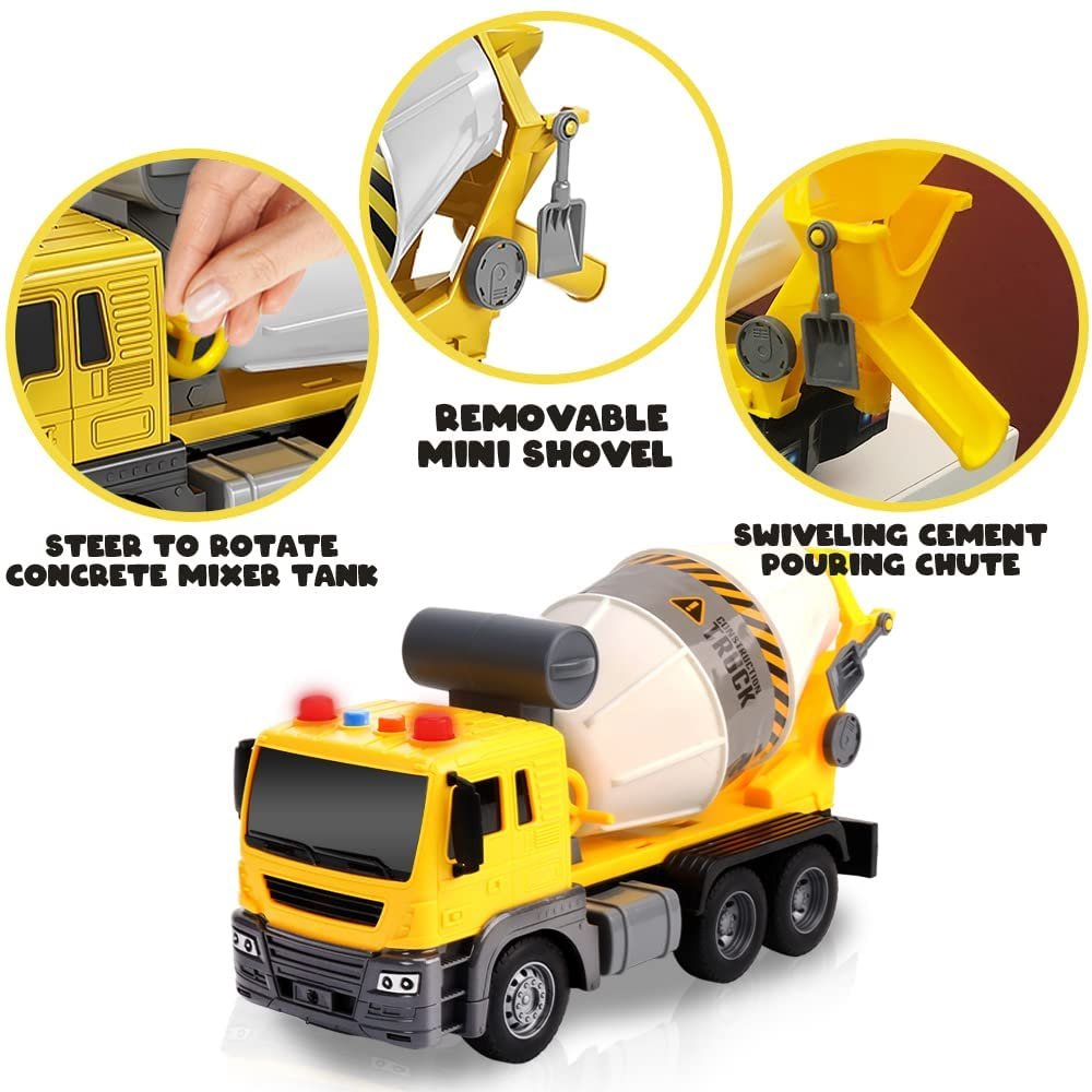 Light Up Cement Truck, Cement Mixer Toy Truck with Lights, Sounds, and Rotating Barrel, Push and Go Kids Construction Toys, Construction Vehicle Toys for Boys and Girls Ages 3 and Up