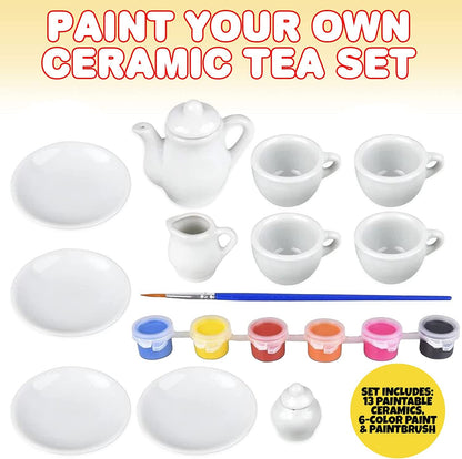 ArtCreativity Paint Your Own Play Tea Set for Kids, Ceramic Craft Tea Set for Little Girls, Kids’ Arts & Crafts Painting Kit with 13 Paintable Ceramic Dishes, 6 Paint Colors, & Paintbrush