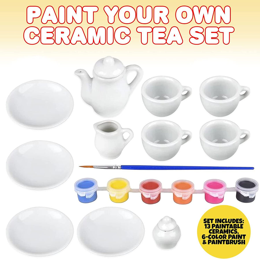 Paint Your Own Play Tea Set for Kids, Ceramic Craft Tea Set for Little Girls, Kids’ Arts & Crafts Painting Kit with 13 Paintable Ceramic Dishes, 6 Paint Colors, & Paintbrush