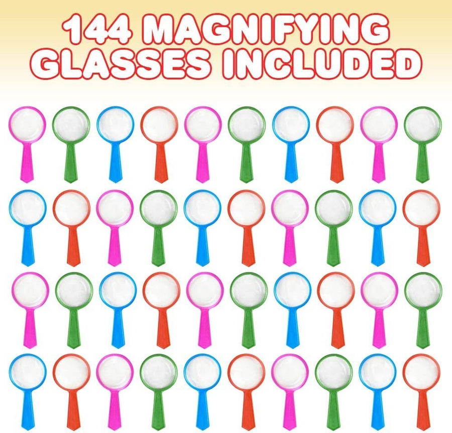 Kids’ Magnifying Glasses - Bulk Pack of 144 - Mini Magnifier Lenses in Assorted Bright Colors, Hand Held Magnifying Glasses Favors for Science, Explorer, Spy, Detective, or Insect Party