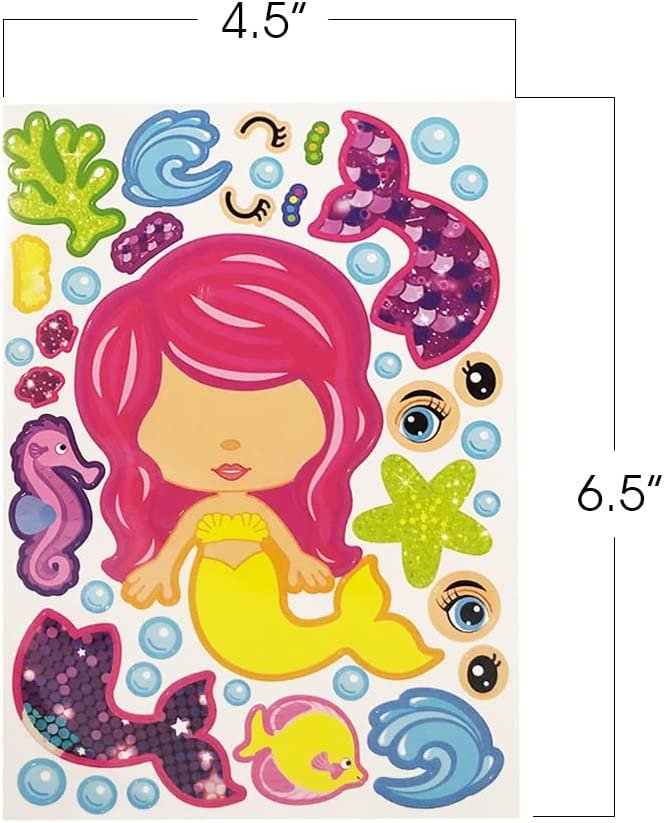 Make Your Own Mermaid Sticker Set, 24 Sheets, Customizable Mermaid Stickers for Girls, Fun Crafts Classroom Activity, Mermaid Party Favors for Kids, Goodie Bag Fillers, Teacher Reward