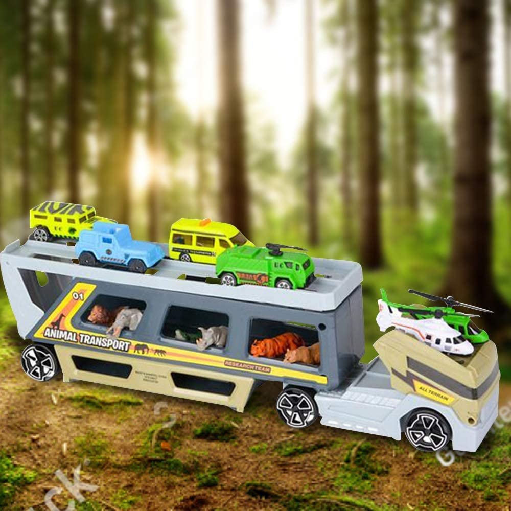 Car Transporter with Animals, Safari Playset for Kids with 1 Transporting Truck, 6 Toy Vehicles and 6 Animal Figurines, Pretend Play Toys for Children, Great Birthday Gift