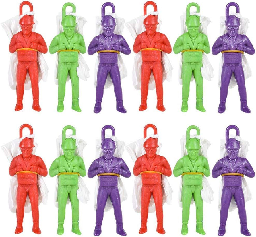 Mini Paratroopers with Parachutes, Pack of 12, Vinyl Parachute Men Toy in Assorted Colors, Durable Plastic Army Guys Playset, Fun Parachute Party Favors for Boys and Girls