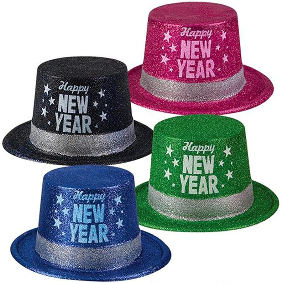 New Years Eve Glitter Top Hats, Set of 4, Happy New Years Hats for Kids and Adults with Sparkly Glitter, New Years Photo Props, Party Favors, and Giveaways, Assorted Colors