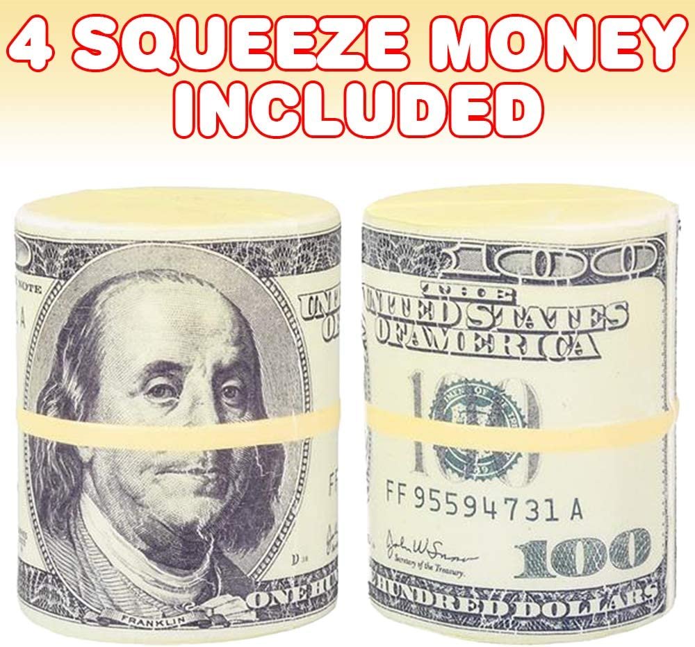 Squeeze Money Stress Relief Toys, Set of 4, Slow Rise Squeezy Toys for Kids and Adults, Casino Party favors, Sensory Toys for Children, Vegas Party Supplies, Fun Goodie Bag Fillers