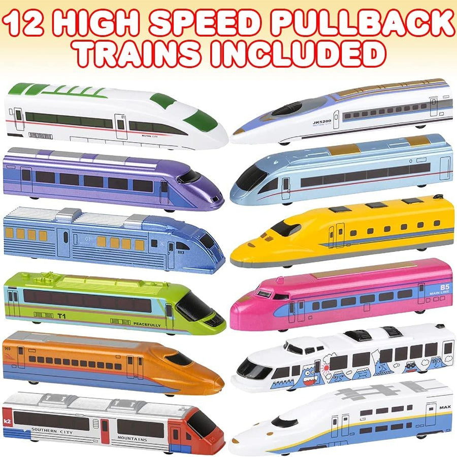 High Speed Pullback Trains for Kids, Set of 12, Kids Train Set with Pull Back Action in Assorted Colors, Train Party Decorations, Birthday Party Favors and Goody Bag Fillers for Children