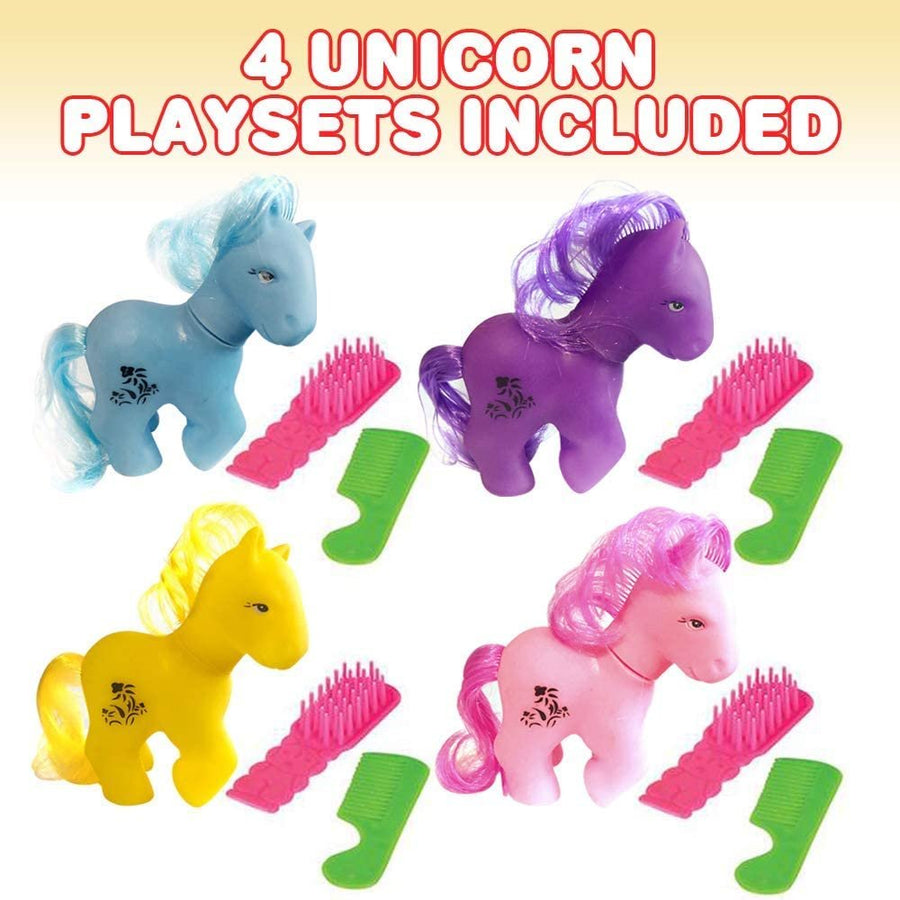 Lovely Pony 3-Piece Playset - Pack of 4 - Brushing Pony, Brush and Comb Set, Little Pony Unicorn Birthday Party Favors for Kids, Rubber Bath Toys, Cute Assorted Colors