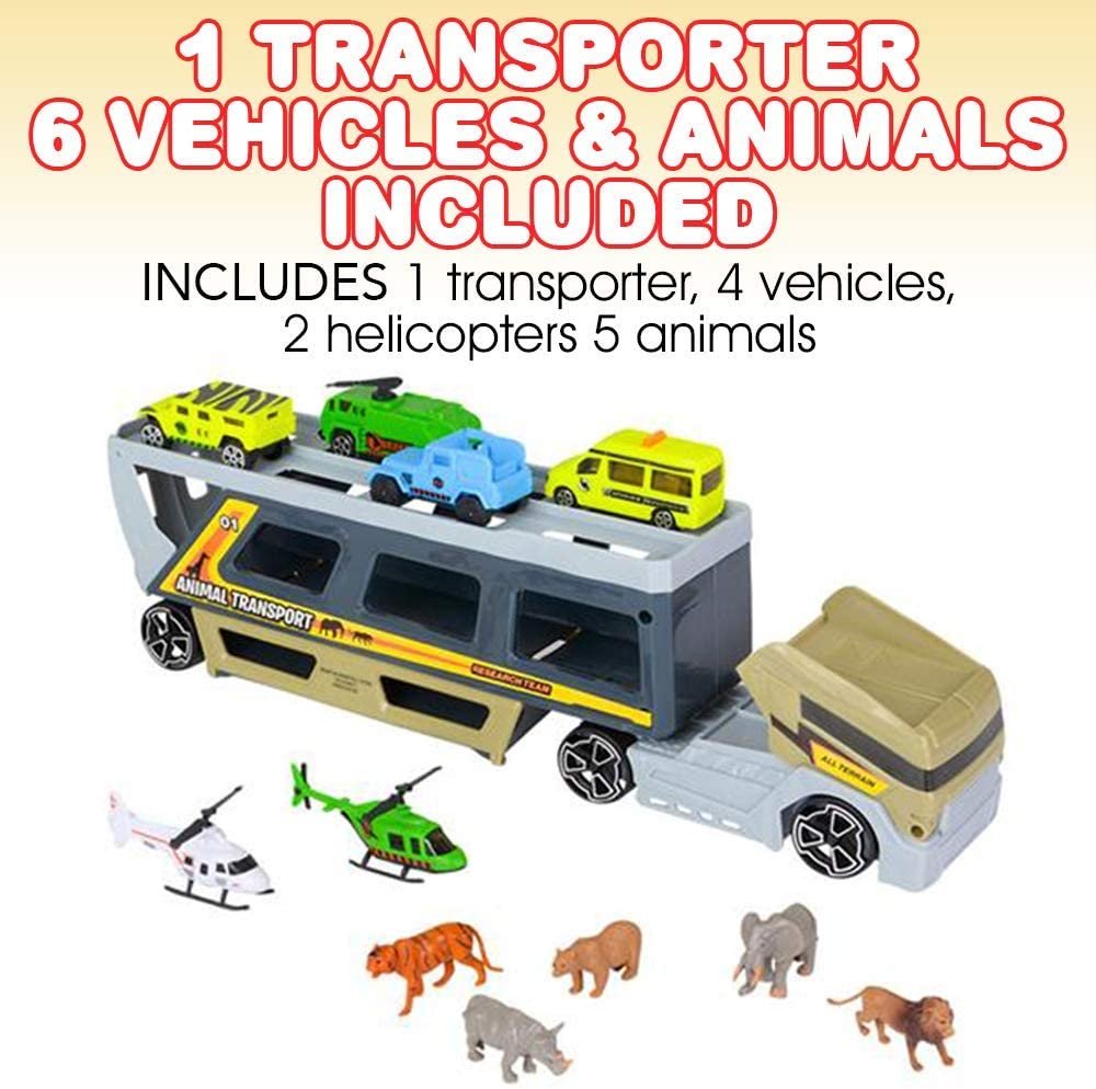 Car Transporter with Animals, Safari Playset for Kids with 1 Transporting Truck, 6 Toy Vehicles and 6 Animal Figurines, Pretend Play Toys for Children, Great Birthday Gift