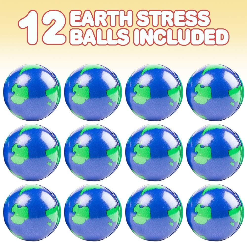 2" Earth Globe Stress Balls for Kids and Adults - Bulk Pack of 12 - Soft Squeeze Toys for Anxiety Relief, Fun Birthday Party Favors, Treasure Box Prizes for Classroom