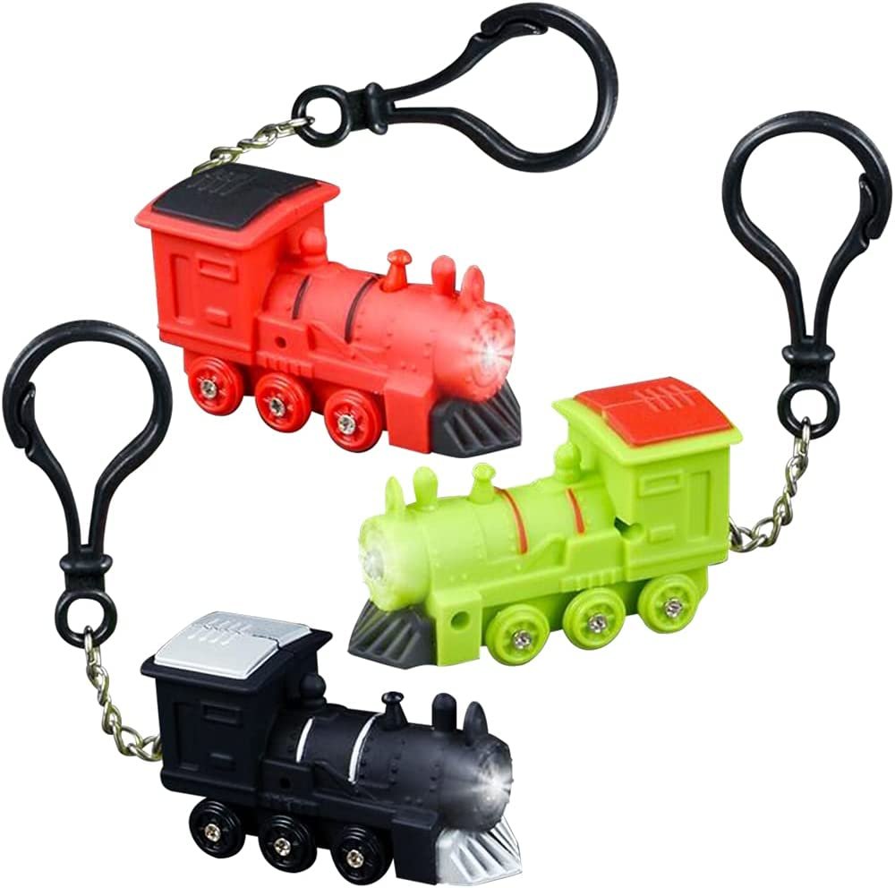 Light-Up Train Backpack Clips with LEDs and Sounds, Set of 3, Fun Bag Accessories for Kids and Adults, Unique Back to School Supplies, Train Birthday Party Favors for Boys and Girls