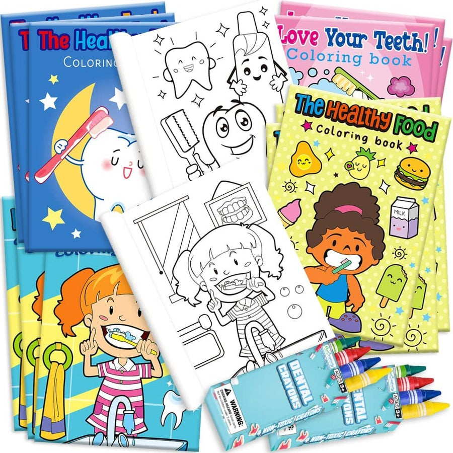 Dental Coloring Book Kit for Kids - 12 Sets - Every Set Includes 1 Mini Color Book and 4 Crayons - Fun Birthday Party Favors, Sleepover Party Supplies, Great Gift Idea for Boys and Girls