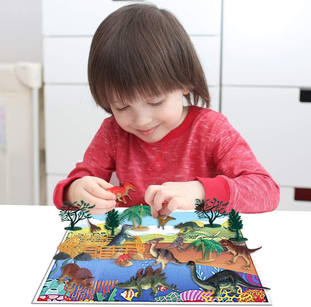 50 Piece Dinosaur Play Set, Dino Playset with Various Dinosaurs, Trees, Rocks, Fence, and Play Mat, Dinosaur Toys Box Set for Boys and Girls, Best Dinosaur Birthday Gift for Kids