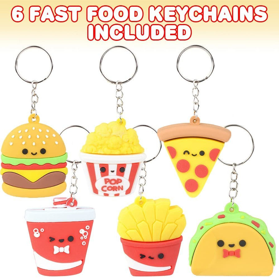 Fast Food Keychains For Kids, Set of 6, Includes Soda, Pizza, Taco, Sandwich, Popcorn And French Fries, Cool Keychain Accessories, Keychains For Boys and Girls, Food Party Favors