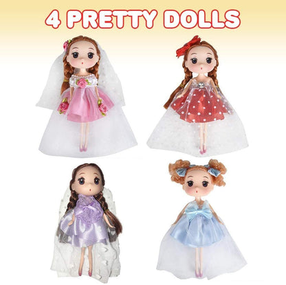 ArtCreativity Cute Toy Dolls for Girls, Set of 4, 6.5 Inch Dolls with High Heels, Pretty Dresses, & Hair Accessories, Birthday Party Favors for Girls, Goodie Bag Fillers, Princess & Tea Party Supplies