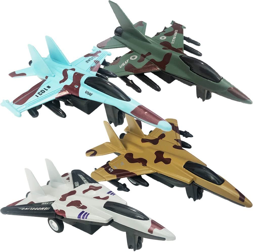 ArtCreativity Diecast Fighter Jets, Pullback Mechanism, Set of 4, Diecast Metal Jet Plane Fighter Toys for Boys, Air Force Military Cake Decorations, Pull Back Airplane Party Favor, 4 Colors