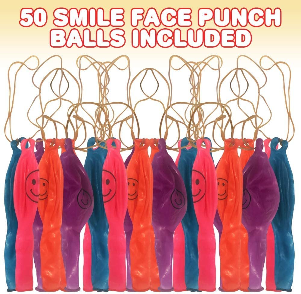 Latex Smile Face Punch Balls, Bulk Set of 50, Durable Latex Balloons with Rubber Bands Attached, Great Party Favors and Decorations, Goodie Bag Fillers for Kids in Assorted Fun Colors