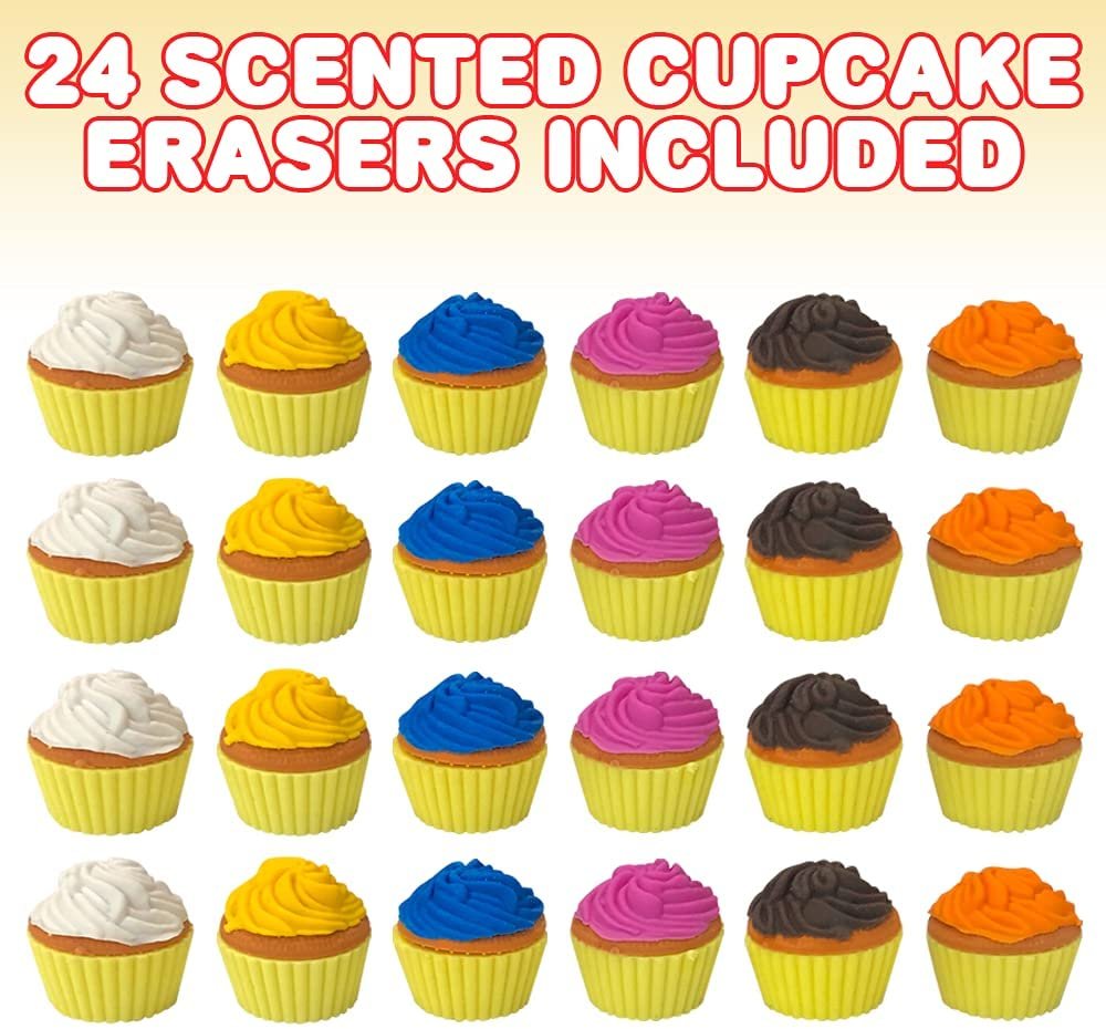 Scented Cupcake Erasers for Kids, Set of 24, Cup Cake Erasers in Assorted Fruity Scents and Colors, School Supplies for Children, Classroom Gifts, Cupcake Birthday Party Favors