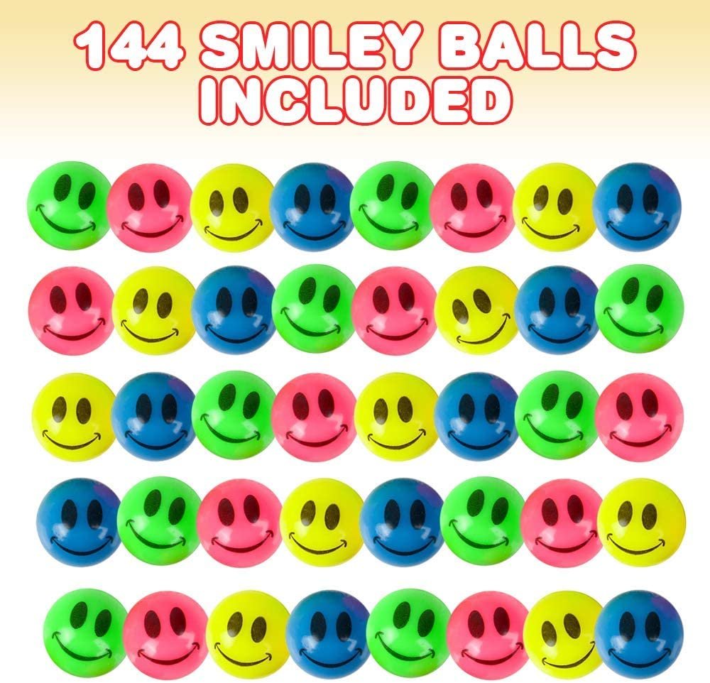Mini Smile Face Bouncing Balls - Bulk Pack of 144 - 1" Bouncy Balls in Assorted Bright Neon Colors - Best Birthday Party Favors and Piñata Fillers for Boys and Girls
