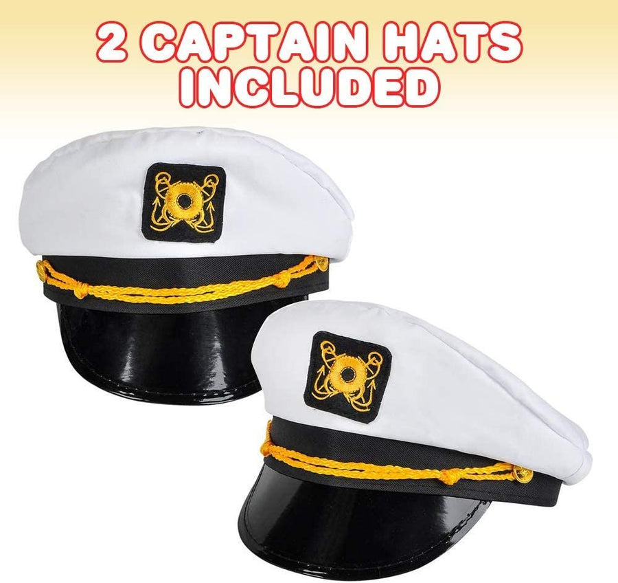 Captain’s Hat for Men, Women, and Kids - Pack of 2 - Classic White Hats for Captain, Naval Officer or Pilot Costume, Cotton with Gold Embroidery, Naval Theme Party Favors