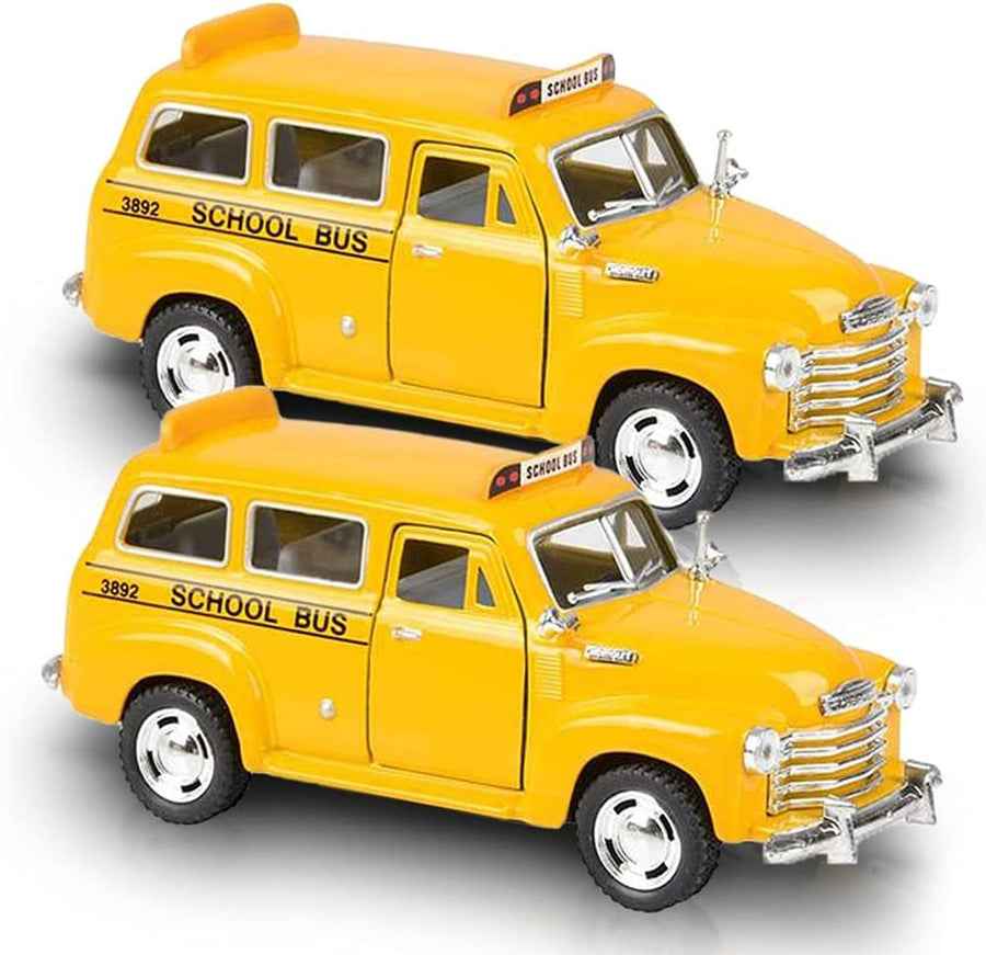 Pullback Suburban School Bus Set, Includes 2, 4.75" School Buses, Diecast Bus Playset with Pull Back Mechanisms, Great Birthday Gift Idea for Boys and Girls