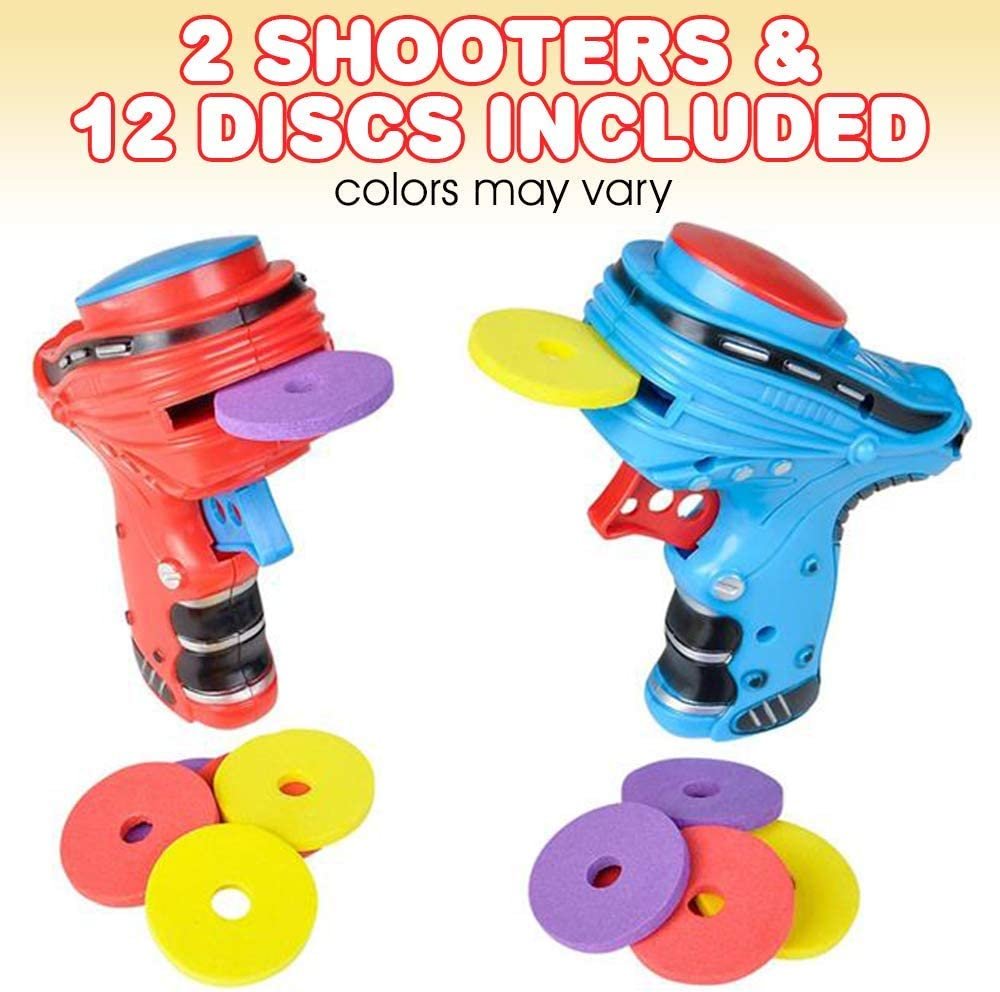 Auto Disc Shooter, Set of 2 Disk Launcher Toy Guns with 1 Blaster and 6 Foam Discs Each, Outdoor Games and Activities for Summer, Backyard, Picnic Fun, Colors May Vary.