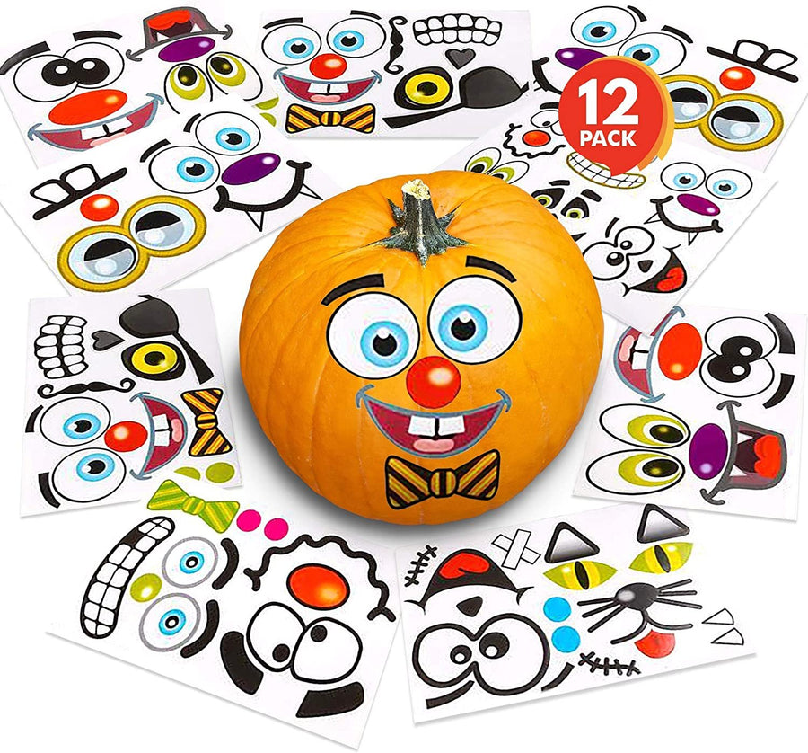 Halloween Pumpkin Decorating Stickers - 12 Large Sheets - Jack-o-Lantern Decoration Kit - 26 Total Face Stickers - Cute Halloween Decor Idea - Treats, Gifts, and Crafts for Kids- 6" x 9"