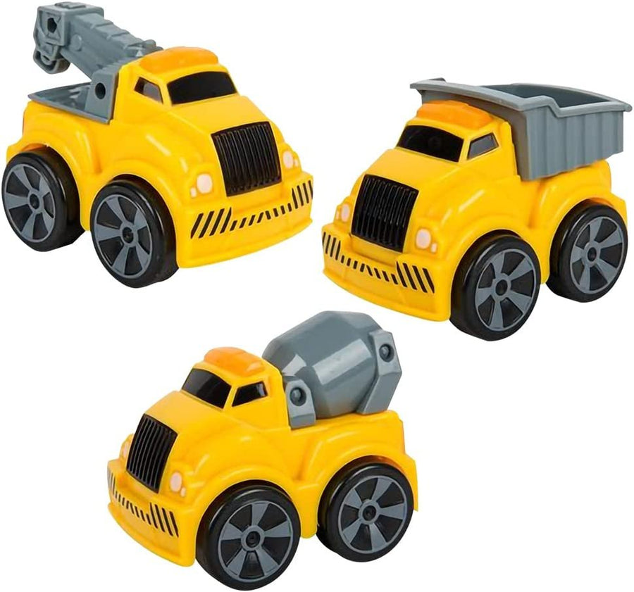3.5" Pull Back Construction Vehicle Toys for Kids - Set of 3 - Includes Mini Dump Truck, Tow Truck, and Concrete Mixer - Best Gift, Party Favors for Boys and Girls - Yellow and Grey