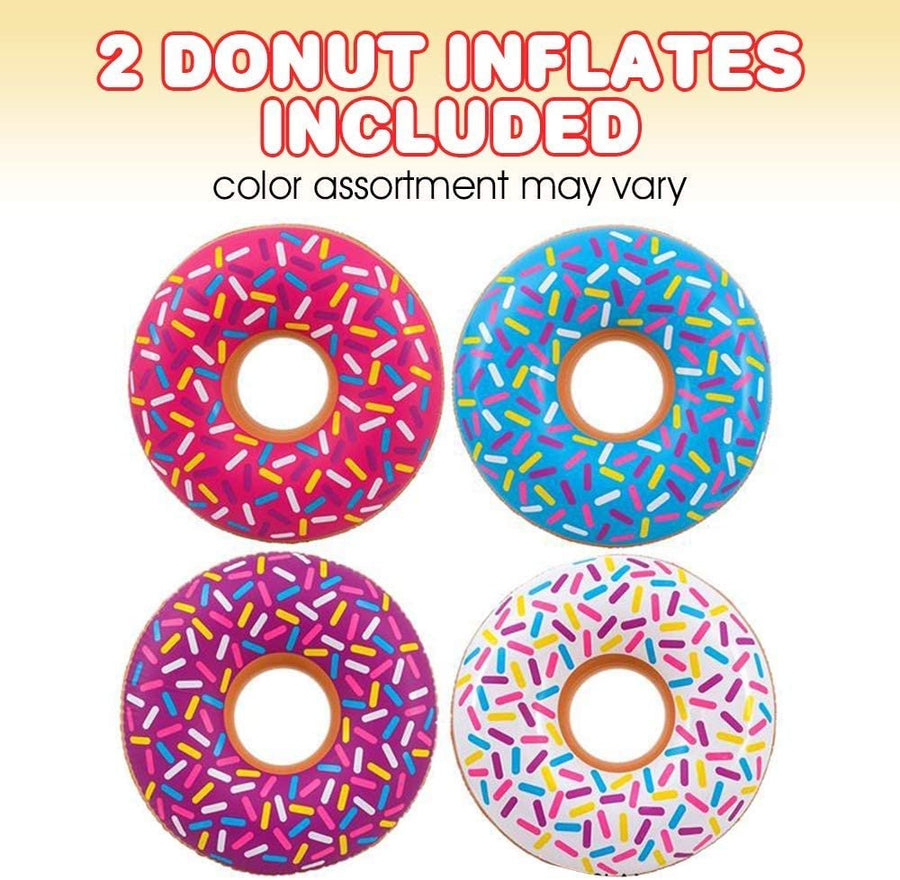 28" Donut Tube Inflates, Set of 2, Colorful Inflatable Donut in Assorted Designs, Donut Birthday Party Decorations Supplies, Durable Water Pool Toys for Kids, Fun Donut Party Favors