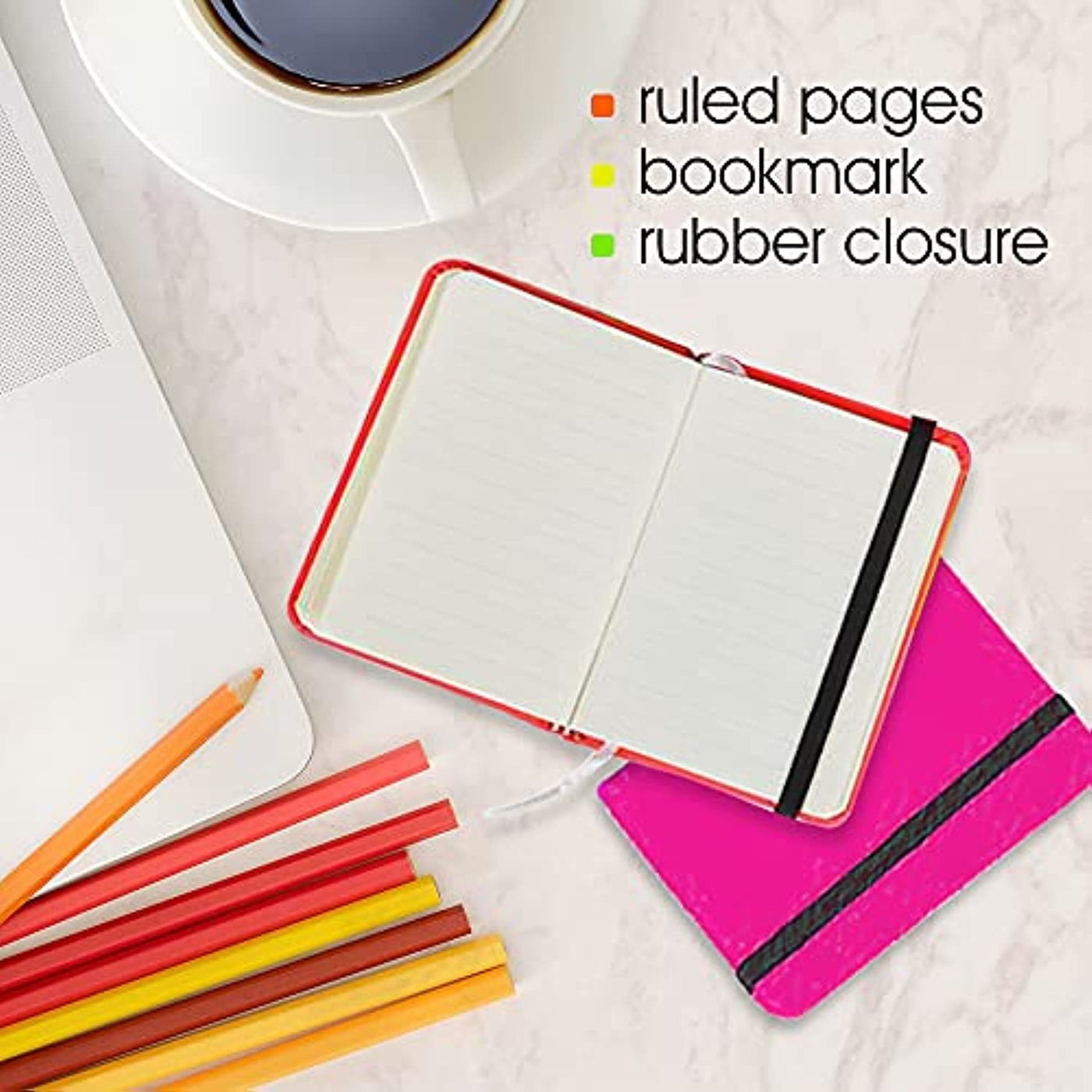 Neon Notebooks for Kids, Set Of 12, Colorful Office Supplies, Journals For Boys And Girls with Bookmark And Rubber Closure, Back To School Gifts, Stationery Supplies For Children