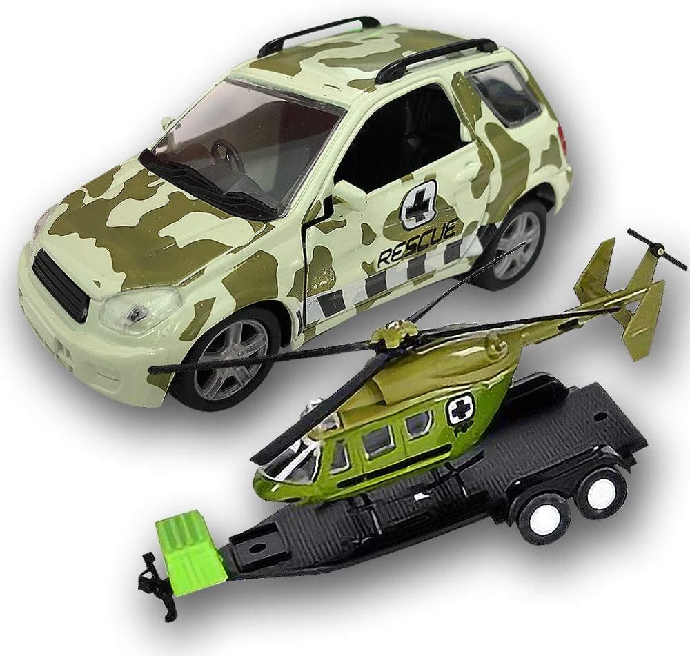 SUV Toy Car with Trailer and Helicopter Playset for Kids, Interactive Northern Trek Play Set with Detachable Helicopter & Opening Doors on 4 x 4 Car, Best Birthday Gift for Boys & Girls