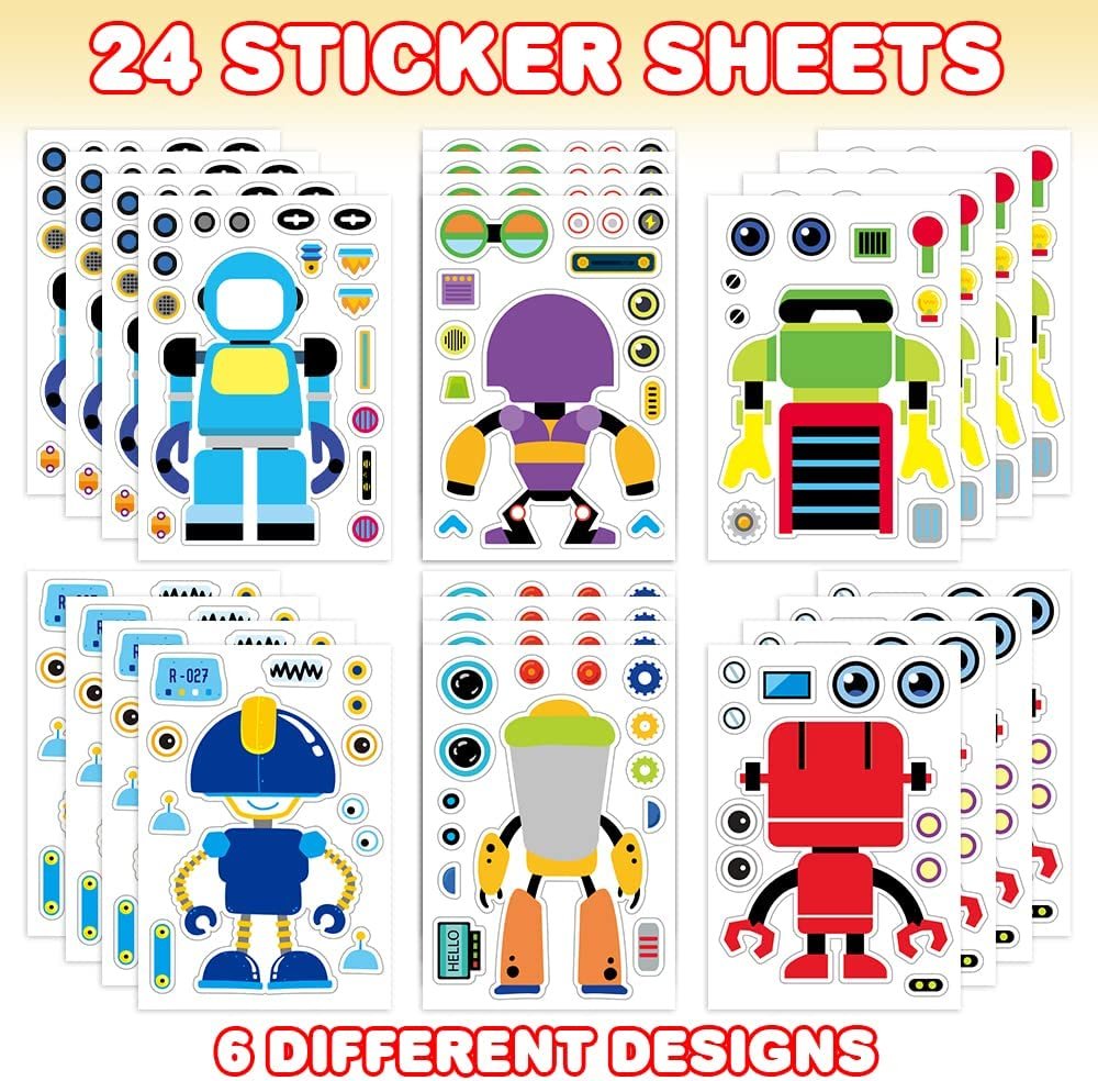 Make Your Own Robot Character Sticker Assortment, Set of 24 Sheets, Unique Arts ‘n Crafts Activity Supplies Kit for Kids, Sticker Prize, Fun Birthday Party Favor, Goodie Bag Filler