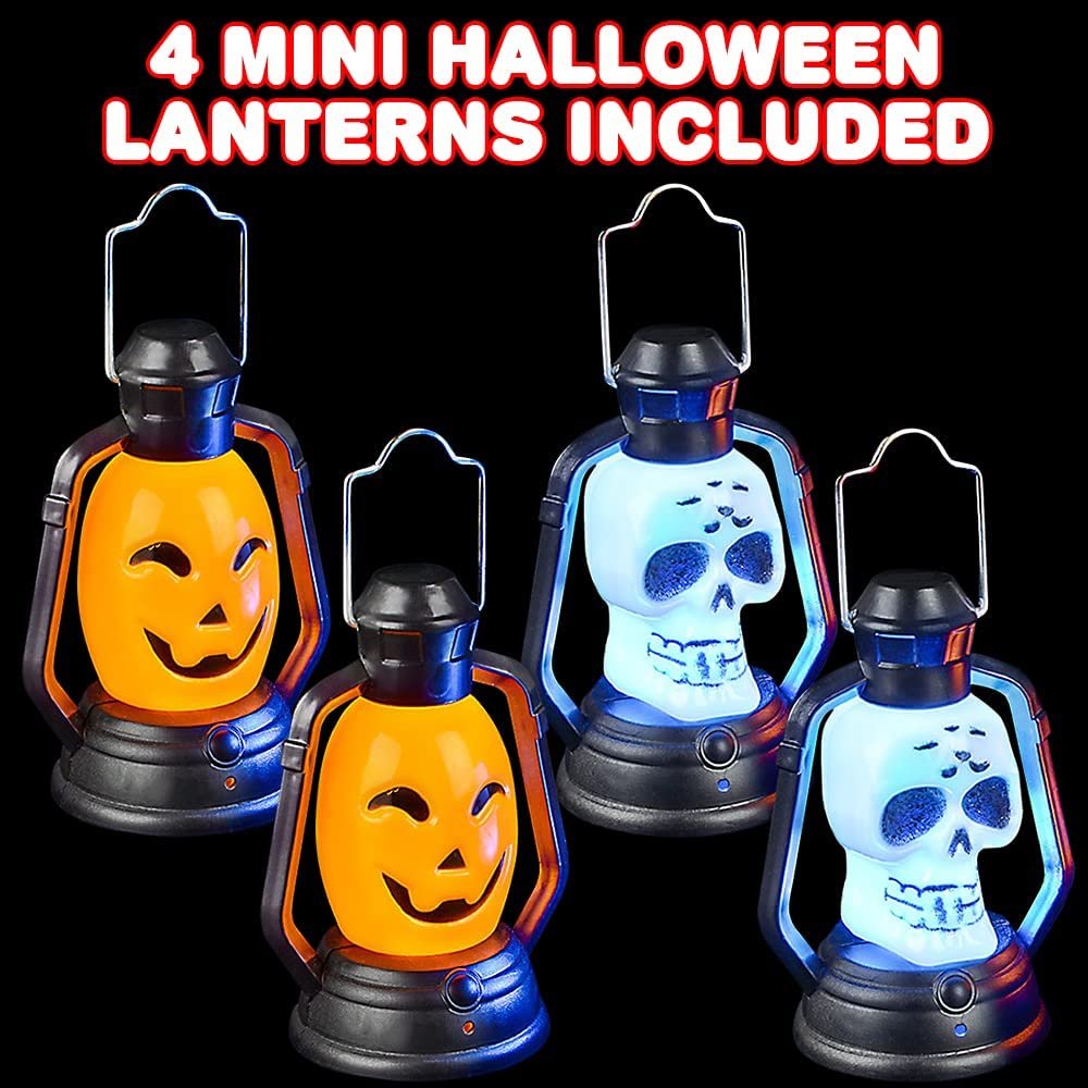 ArtCreativity Halloween Mini Flashing Lanterns, Set of 4, Battery-Operated Skull and Pumpkin Lanterns, Indoor Halloween Decorations, Spooky Lamps with Metal Hanging Loop