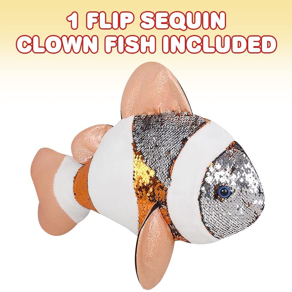 Flip Sequin Clown Fish Plush Toy, 1 PC, Soft Stuffed Clownfish with Color Changing Sequins, Cute Home and Nursery Animal Decorations, Calming Fidget Toy for Girls and Boys, 18"es