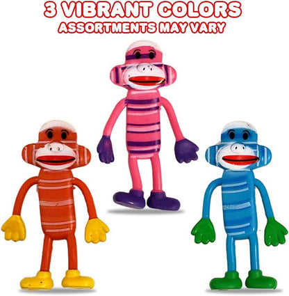 ArtCreativity 4 Inch Bendable Sock Monkey Toys - Set of 12 - Flexible Plastic - Birthday Party Favors for Boys and Girls - Stress Relief Fidget Toys for Kids