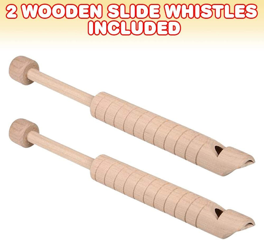 Wooden Slide Whistles for Kids, Set of 2, Retro Wood Whistles, Fun Musical Toys for Boys and Girls, Music Birthday Party Favors, Goodie Bag Stuffers, and Pinata Fillers, 7.5"